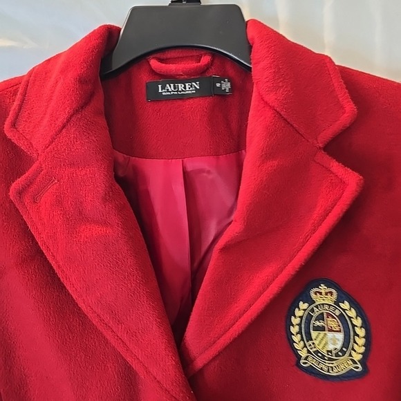 Lauren Ralph Lauren Long Red Wool Blend Button-Up Coat With Crest Patch Size 12 - Picture 6 of 16